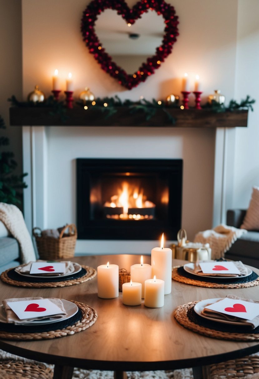 A cozy living room with a crackling fireplace, soft blankets, and a table set with candles and homemade valentine's day cards