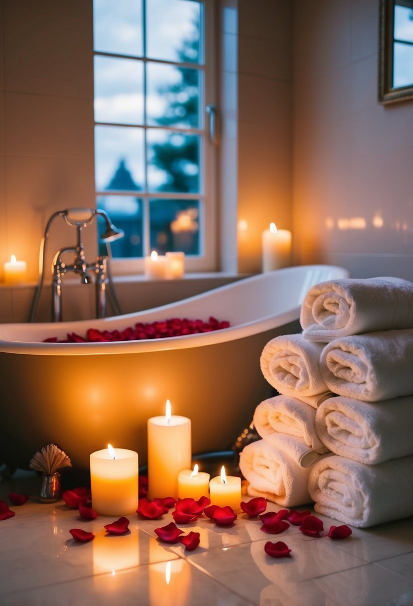 A cozy bathroom with flickering candles, rose petals in the bathtub, and soft towels neatly stacked for a romantic home spa evening