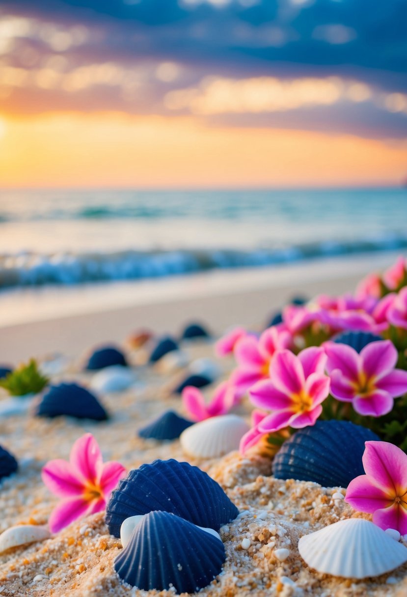 A serene beach at sunset with navy blue and pink seashells scattered along the shore, complemented by navy and pink flowers blooming in the sand