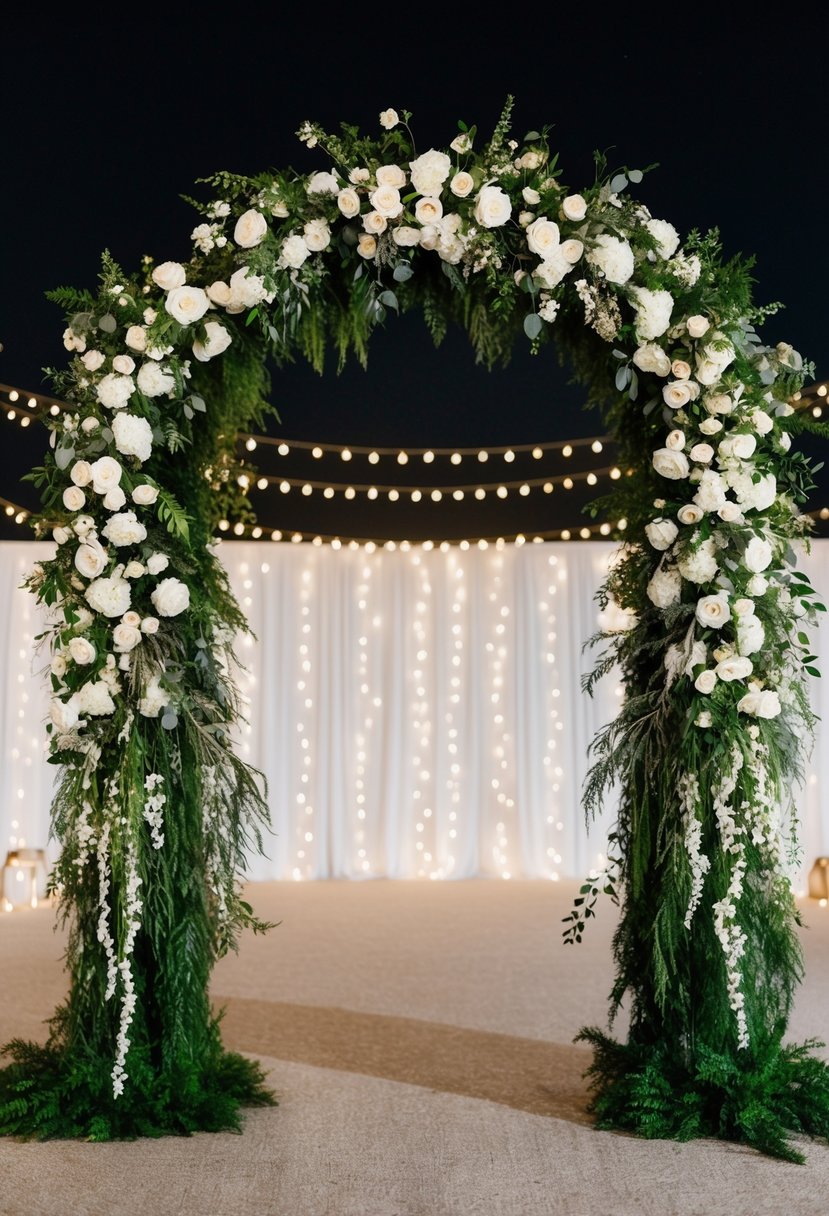 A dark green and white wedding arch with cascading floral arrangements and twinkling fairy lights