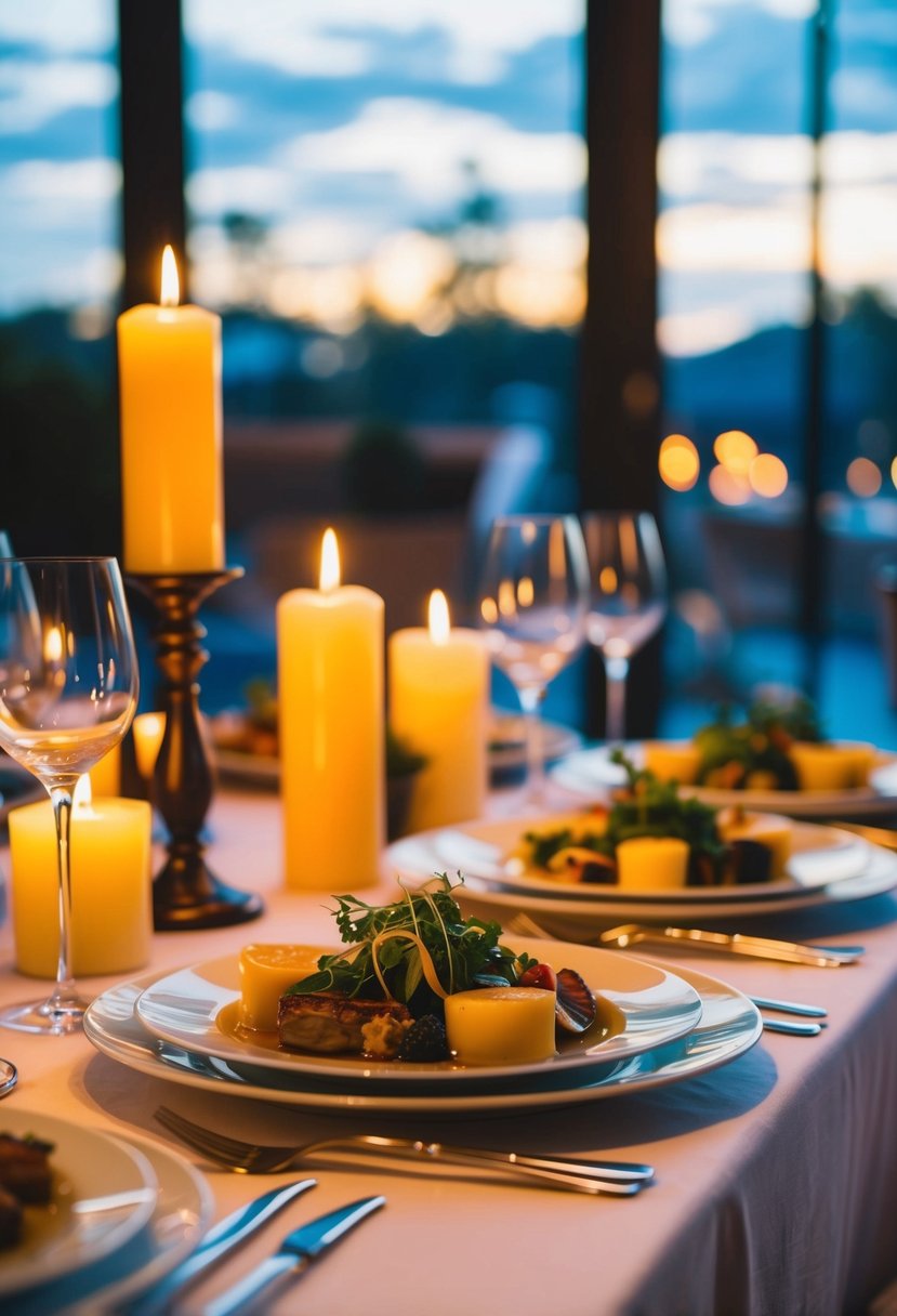 A table set with elegant dishes, candles casting a warm glow, and a gourmet meal prepared with care