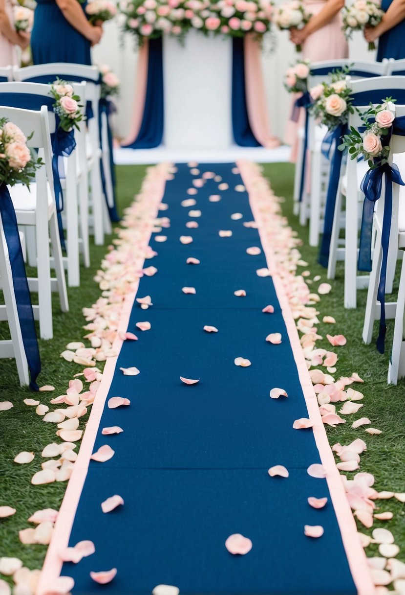 A navy blue aisle runner with blush pink rose petals scattered along the sides, leading to an altar adorned with navy blue and pink floral arrangements