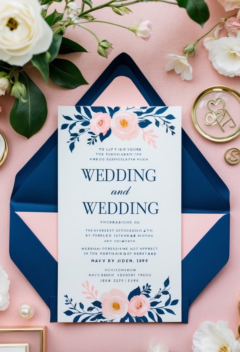 A navy blue and pink wedding invitation with floral motifs and elegant typography