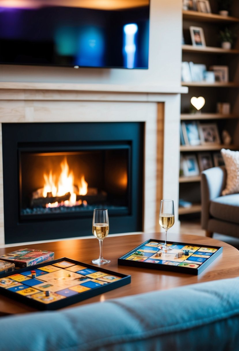 A cozy living room with a crackling fireplace, soft lighting, and a table set with romantic board games for two