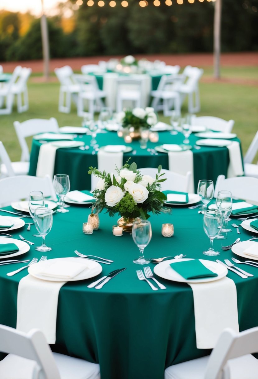 Emerald green table settings with white accents for a wedding