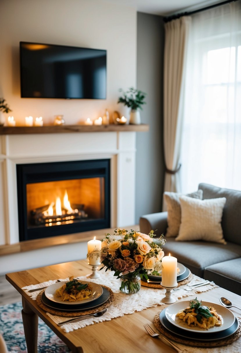 A cozy living room with a crackling fireplace, soft candlelight, and a table set for two with a homemade meal and a bouquet of flowers