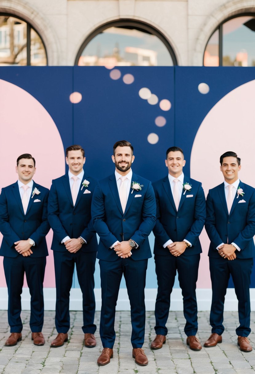 Groomsmen in chic navy suits with blush accessories stand against a navy blue and pink wedding backdrop