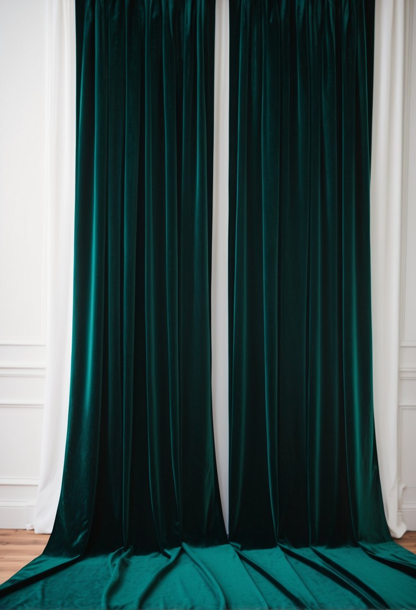 Dark green velvet drapes cascading against a white backdrop, evoking an elegant and rich ambiance for a wedding