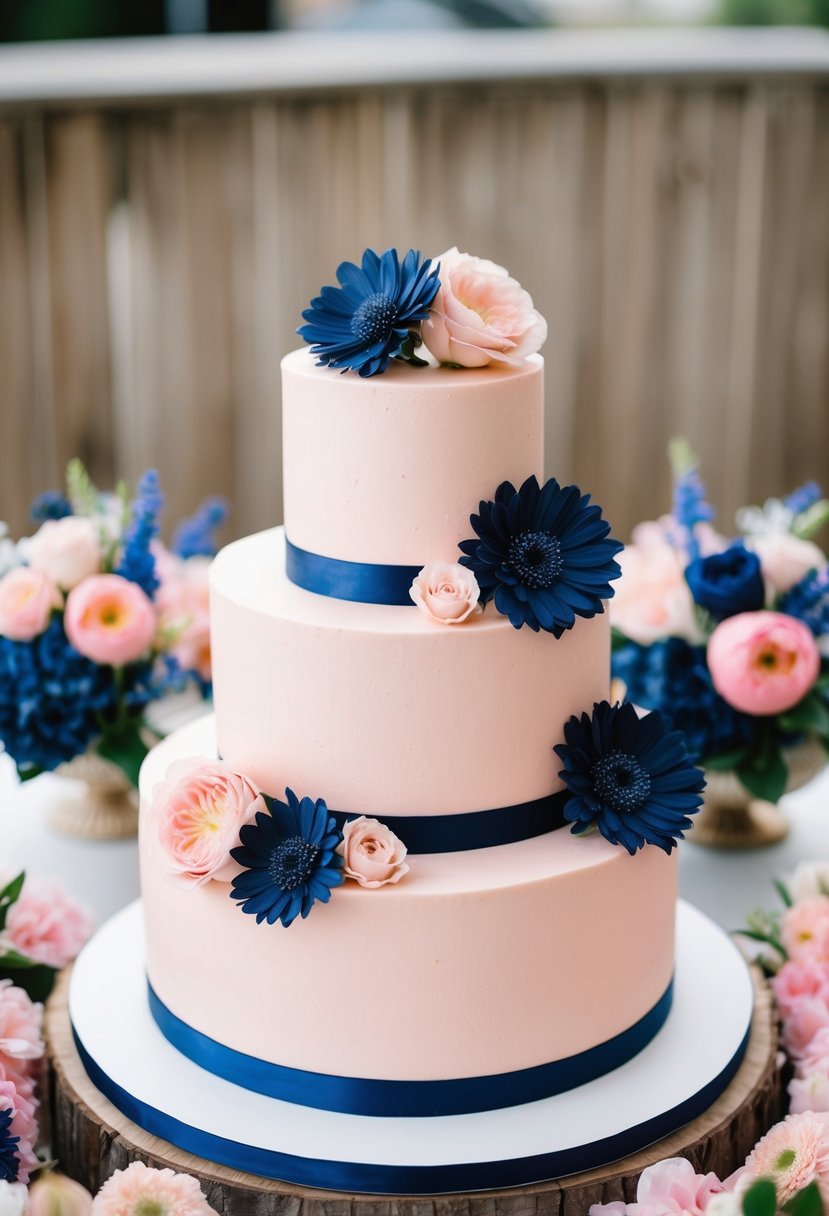 A three-tiered wedding cake with blush pink frosting and navy blue details, surrounded by pink and navy floral arrangements