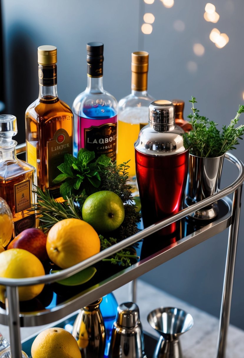 Various colorful bottles of liquor, fresh fruits, and aromatic herbs on a sleek bar cart, with a cocktail shaker and elegant glassware nearby