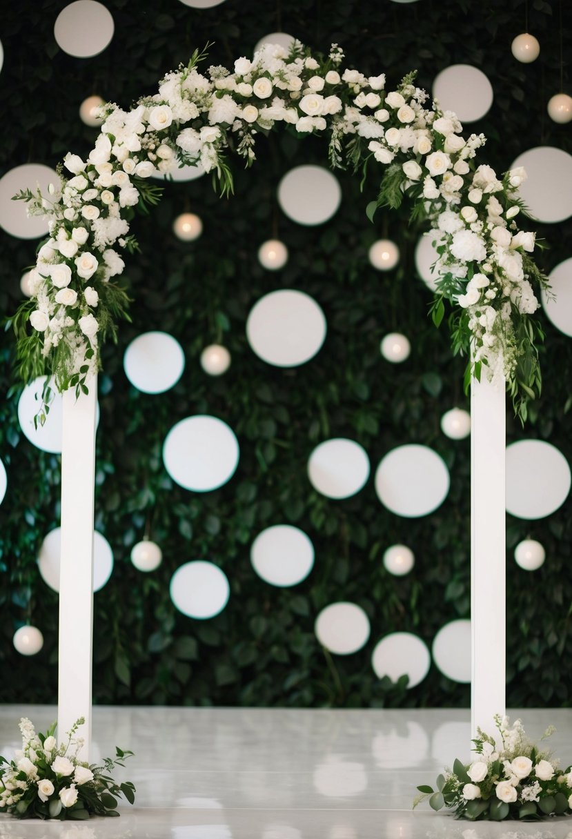 A white floral arch stands against a backdrop of dark green and white wedding decor