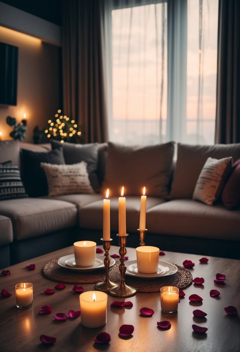 A cozy living room with dim lighting, scattered rose petals, and a table set with candles and a romantic dinner for two