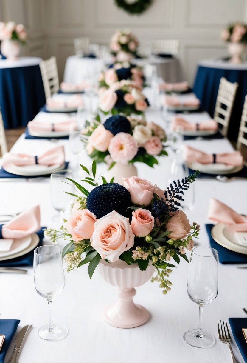 Navy and blush floral centerpieces arranged on a white linen table with soft pink and navy blue accents