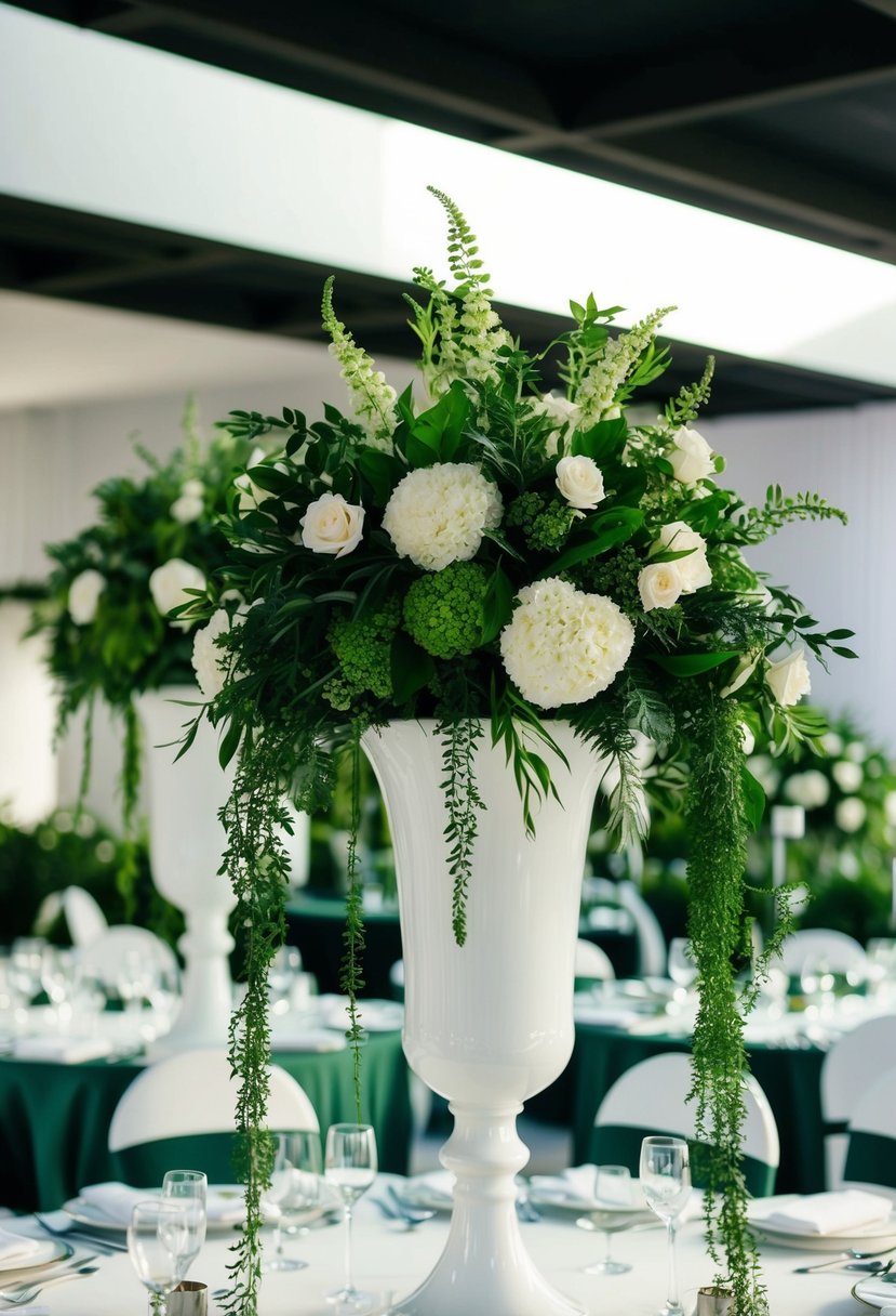 Lush greenery cascades from white vases, creating elegant centerpieces for a dark green and white wedding