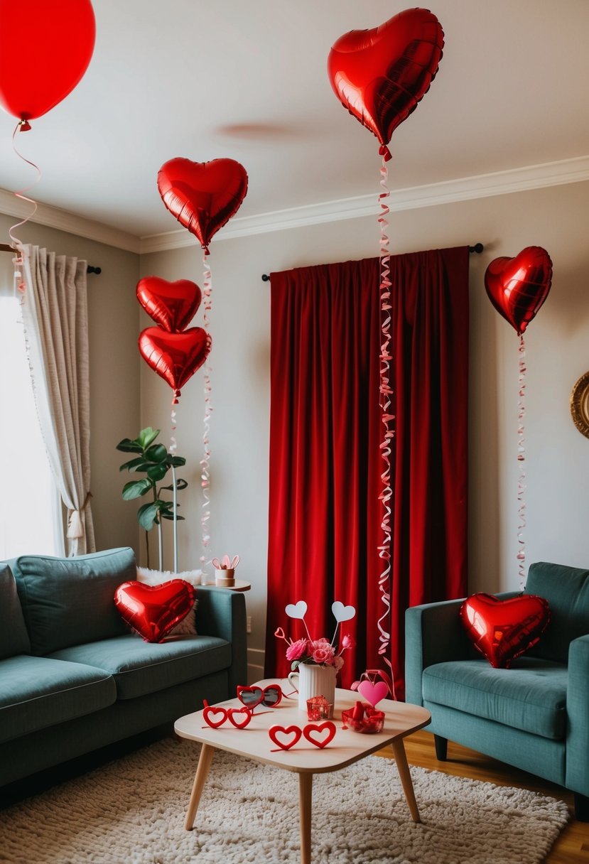 A cozy living room with heart-shaped balloons, a red velvet backdrop, and a table of props like heart-shaped glasses and cupid arrows