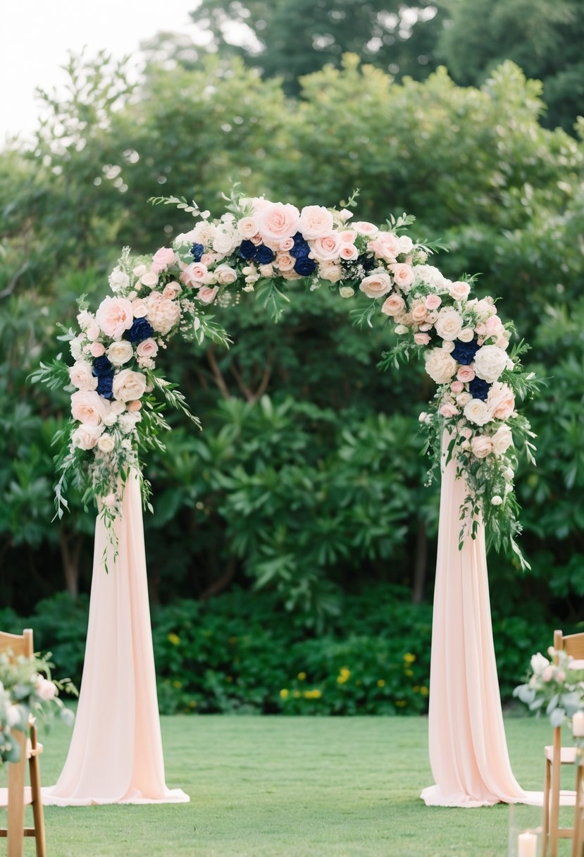 A blush pink and navy blue floral arch stands against a backdrop of lush greenery, creating a romantic and elegant setting for a wedding ceremony