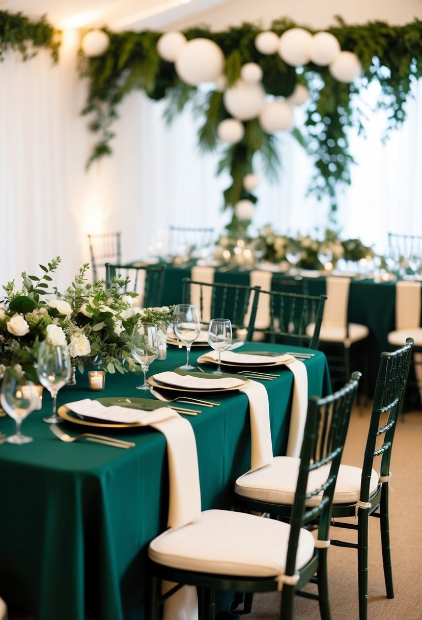 A table set with ivory and green linens, adorned with dark green and white wedding decor