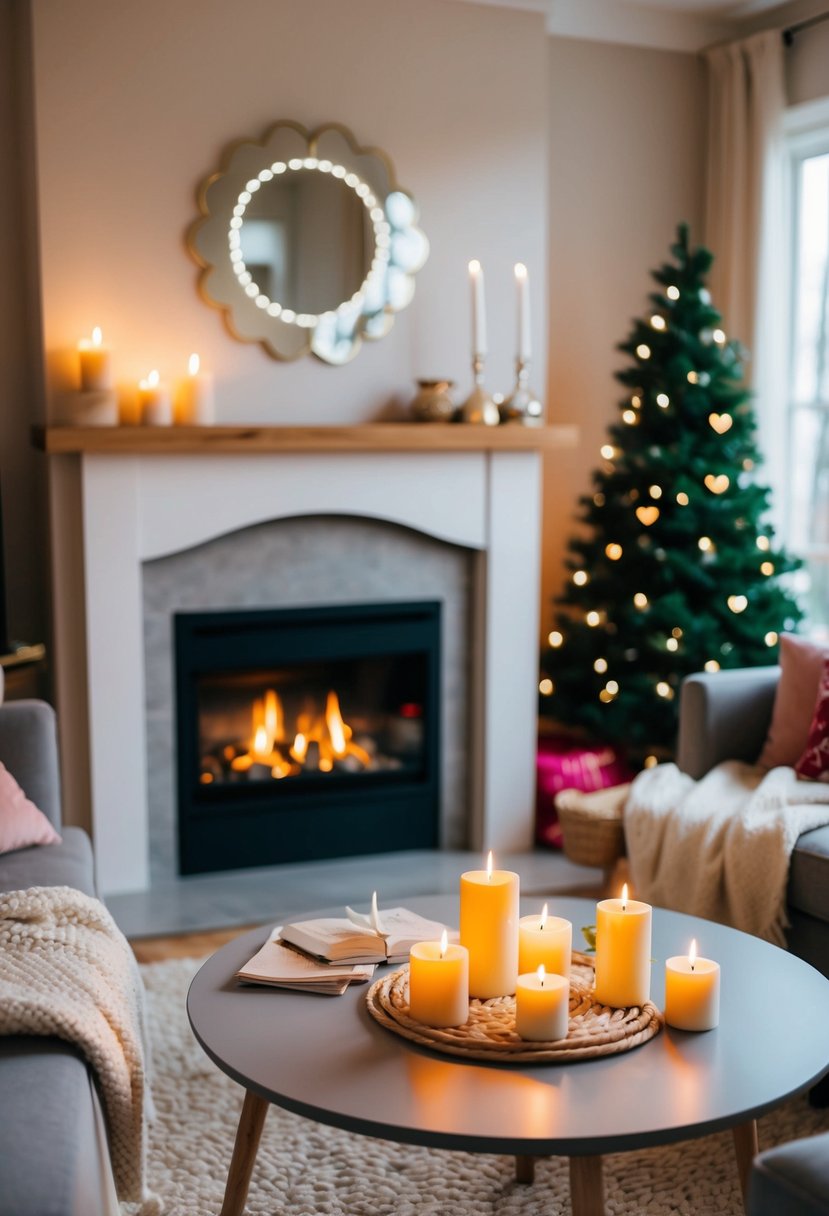 A cozy living room with a crackling fireplace, soft blankets, and flickering candles set on a table for a romantic at-home Valentine's Day date