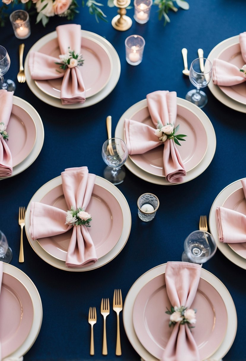 A navy tablecloth with blush napkins arranged on a table, surrounded by navy blue and pink wedding decor