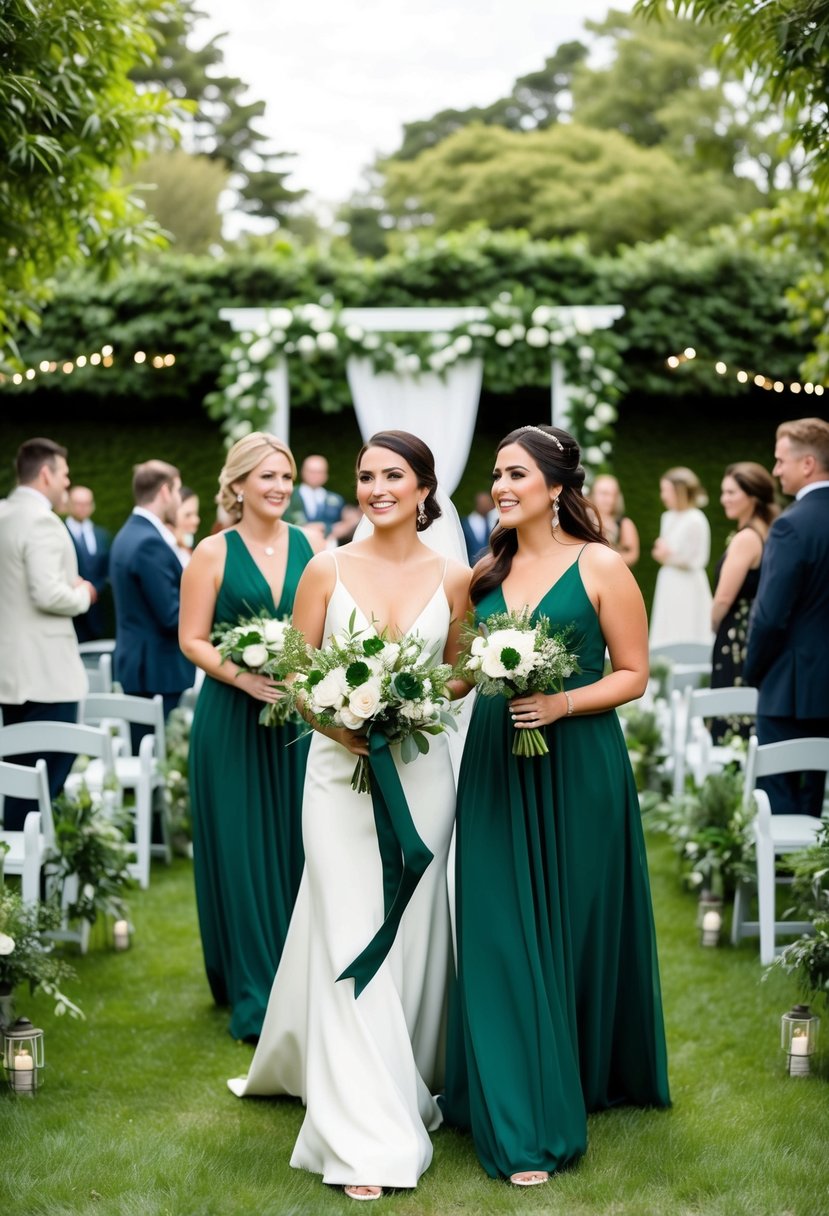 A lush garden wedding with emerald bridesmaid dresses and dark green and white decor