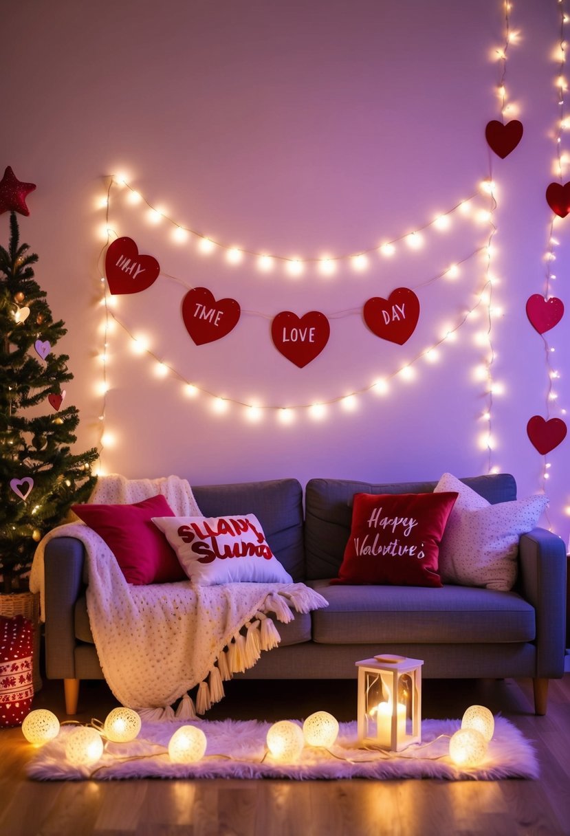 A cozy living room with blankets, pillows, and fairy lights set up for a romantic slumber party on Valentine's Day