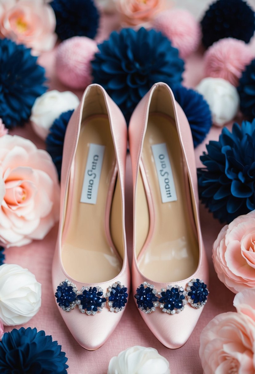 Blush pink bridal shoes adorned with navy blue embellishments, surrounded by navy and pink wedding decor