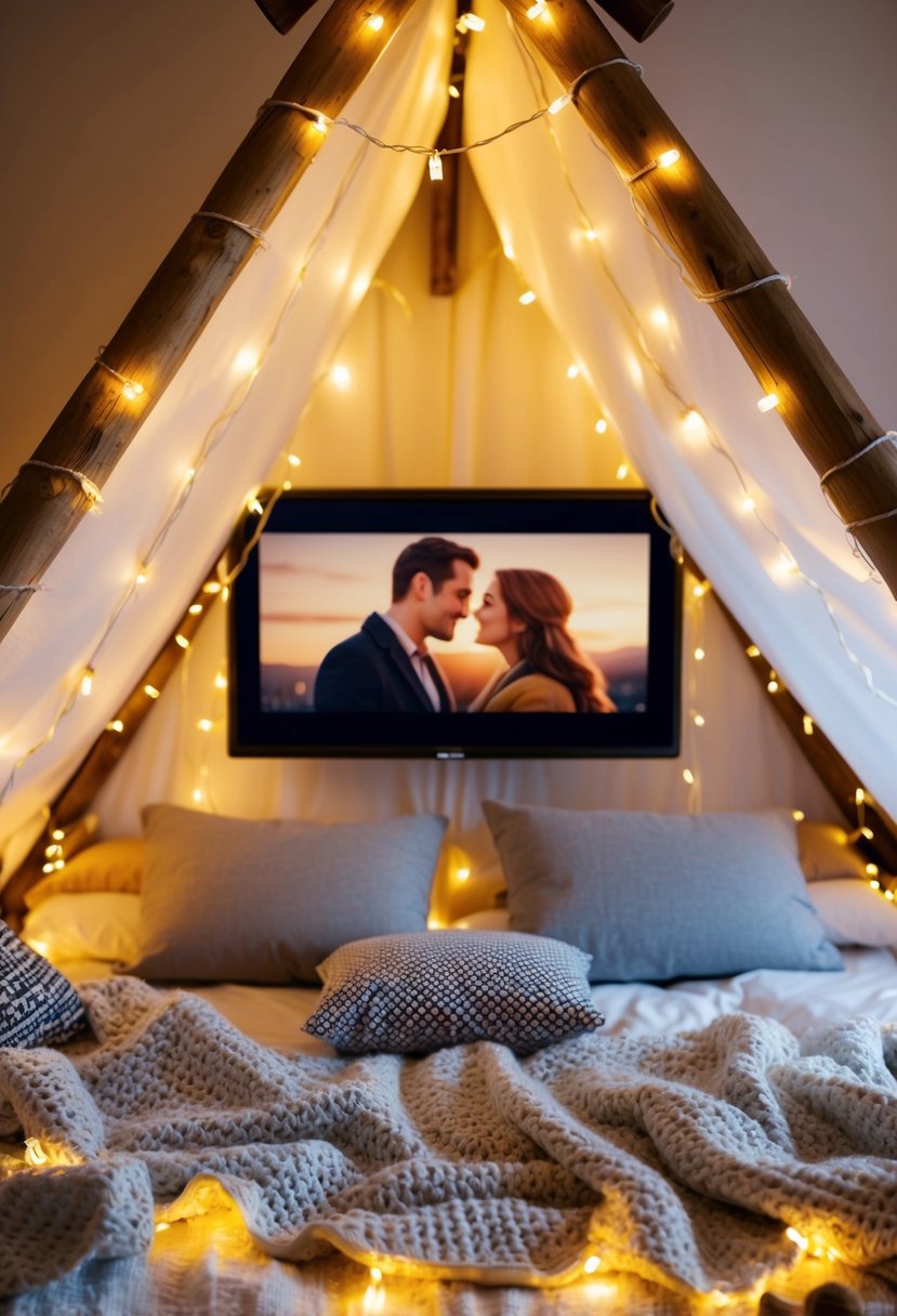 A cozy blanket fort with fairy lights, pillows, and a screen showing a romantic movie