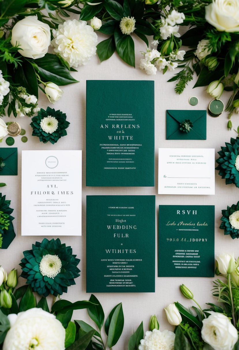 A dark green and white invitation suite surrounded by green and white wedding decor and floral arrangements