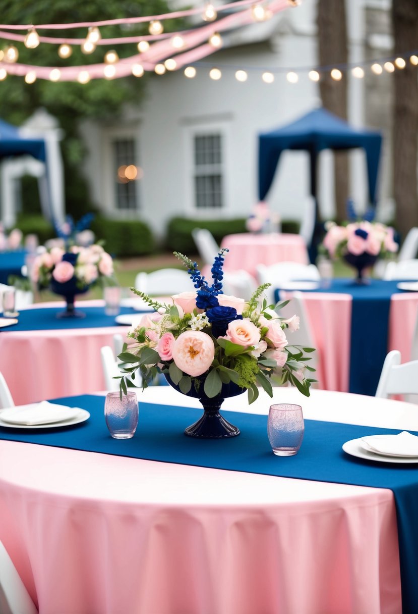 Navy blue and pink cocktail hour decorations: pink tablecloths, navy blue centerpieces, and matching floral arrangements