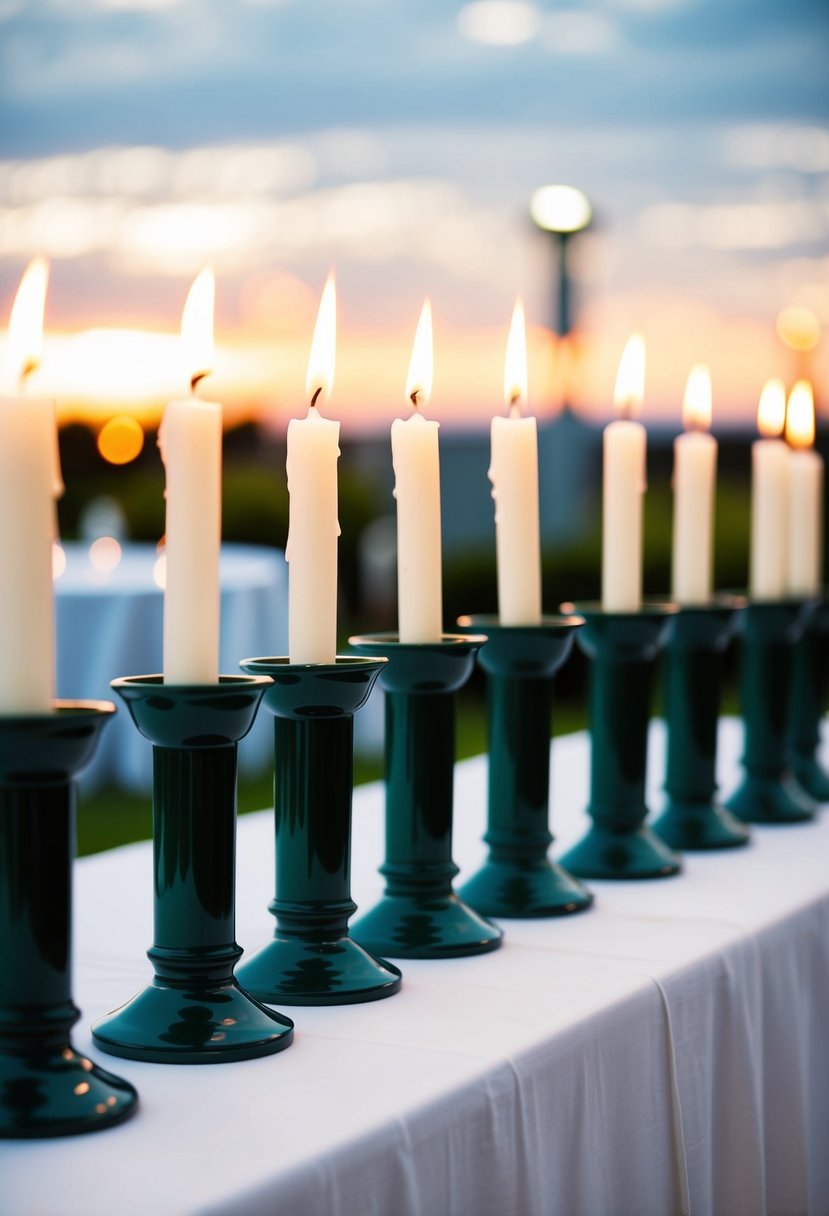 White candles in dark green holders arranged on a white tablecloth