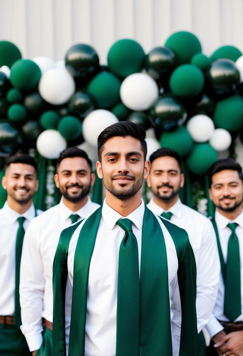 A group of groomsmen wearing dark green ties stand against a backdrop of dark green and white wedding decorations