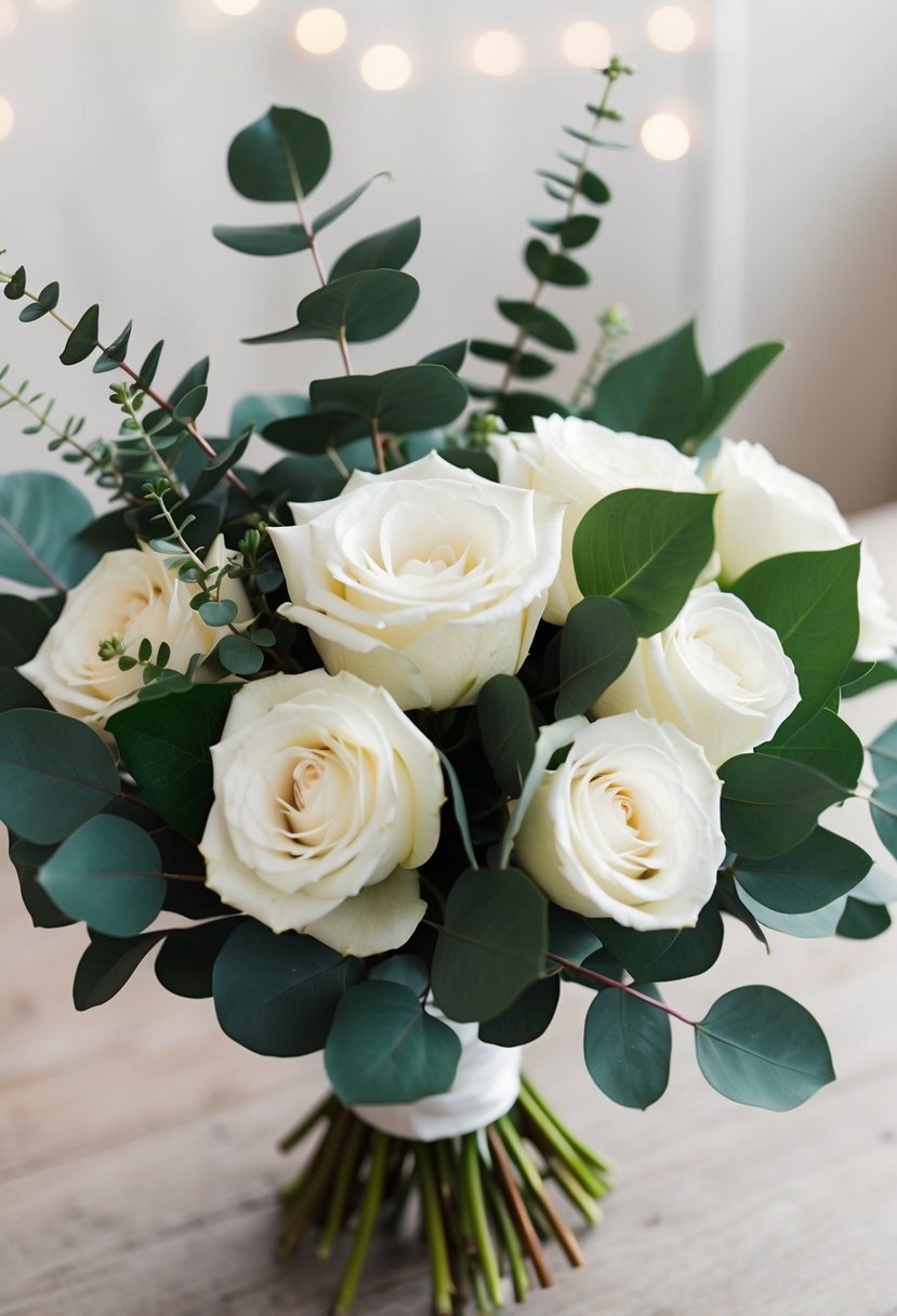 A bouquet of white roses and dark green eucalyptus leaves arranged together for a wedding centerpiece