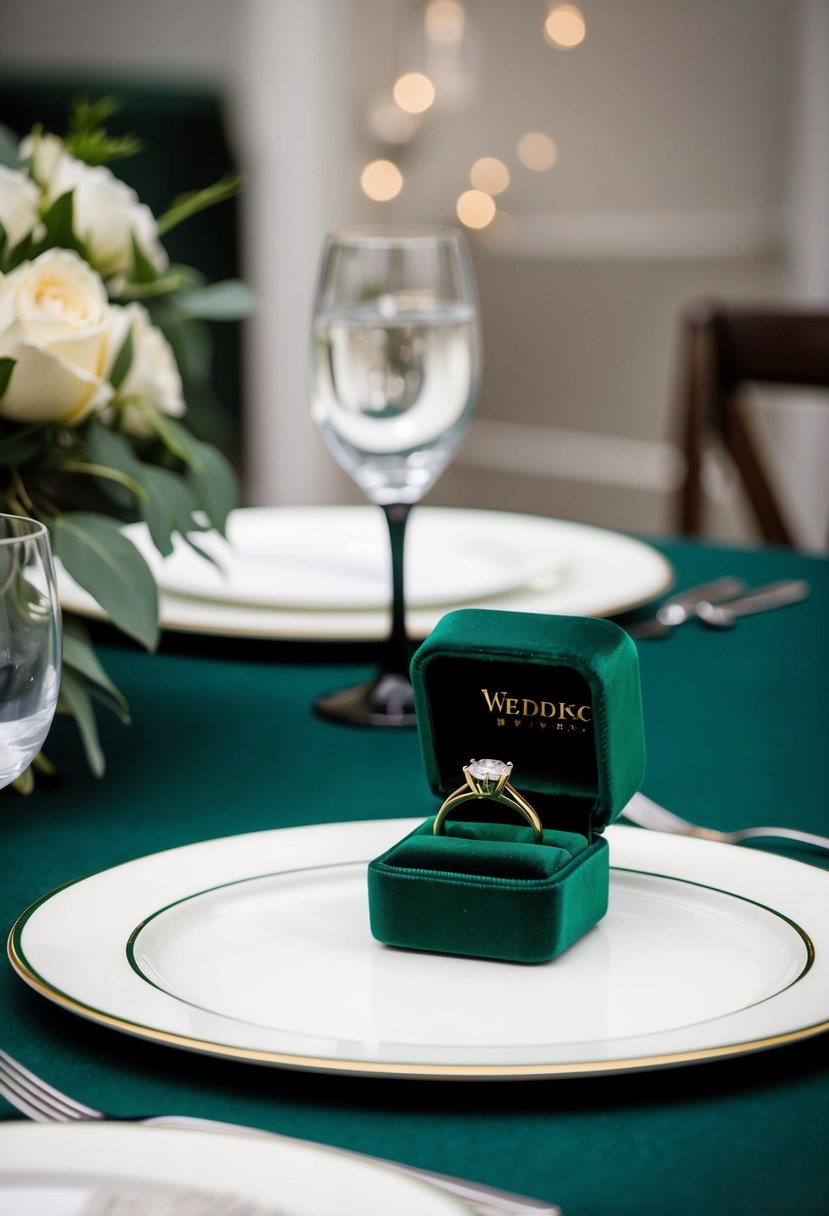 A green velvet ring box sits on a dark green and white wedding table