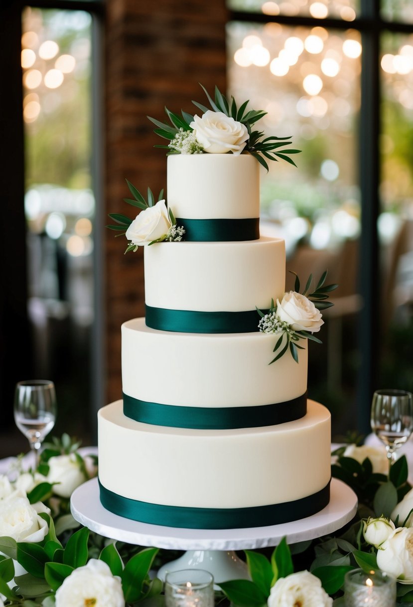 A three-tiered ivory wedding cake adorned with dark green accents, surrounded by white floral arrangements and green foliage