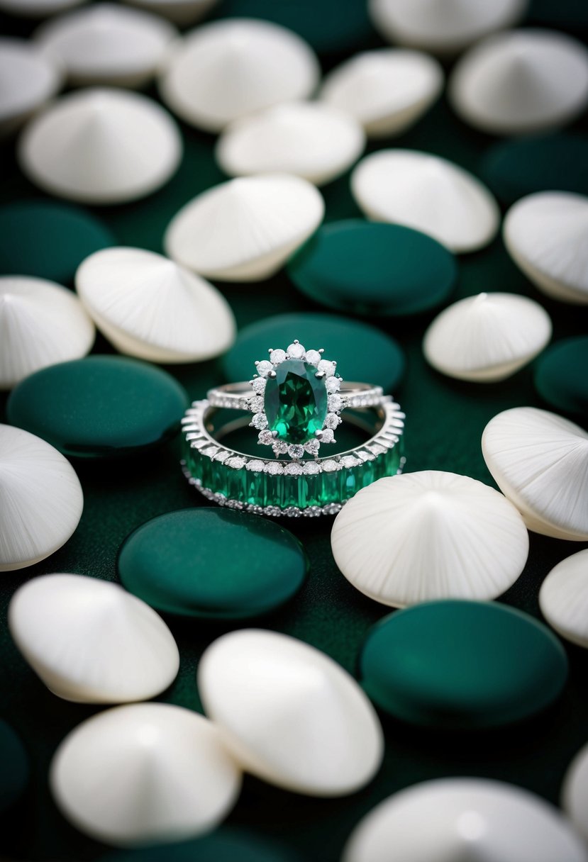 A dark green and white wedding color scheme with emerald and diamond jewelry