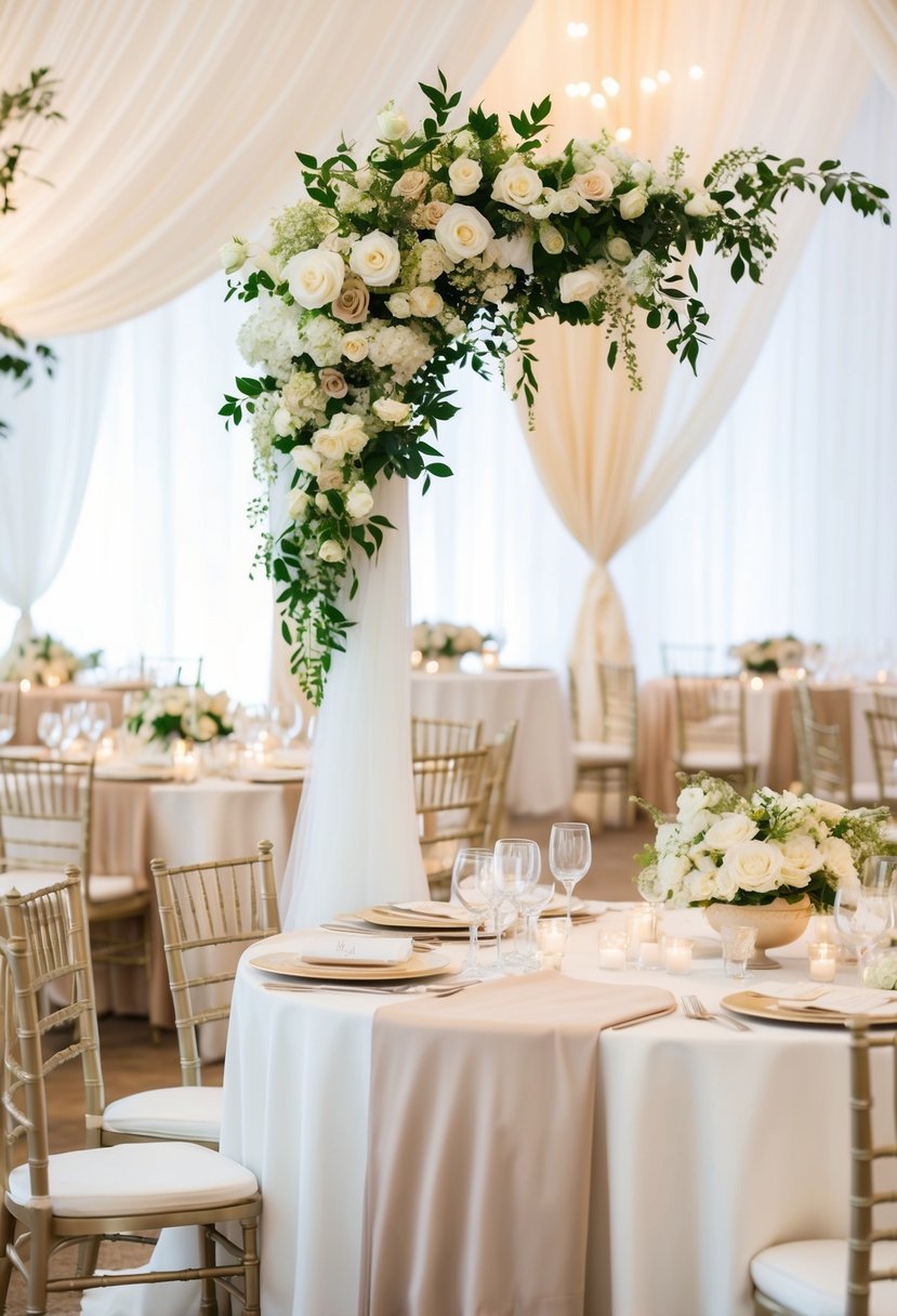 A white and beige wedding scene with elegant floral arrangements, flowing fabric drapery, and delicate table settings