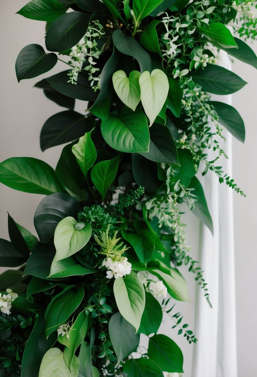 Lush green foliage with hints of dark green and white accents for a wedding color scheme