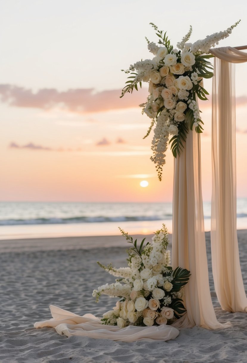 A serene beach at sunset, with soft beige and champagne-colored decor, accented by white flowers and flowing fabrics