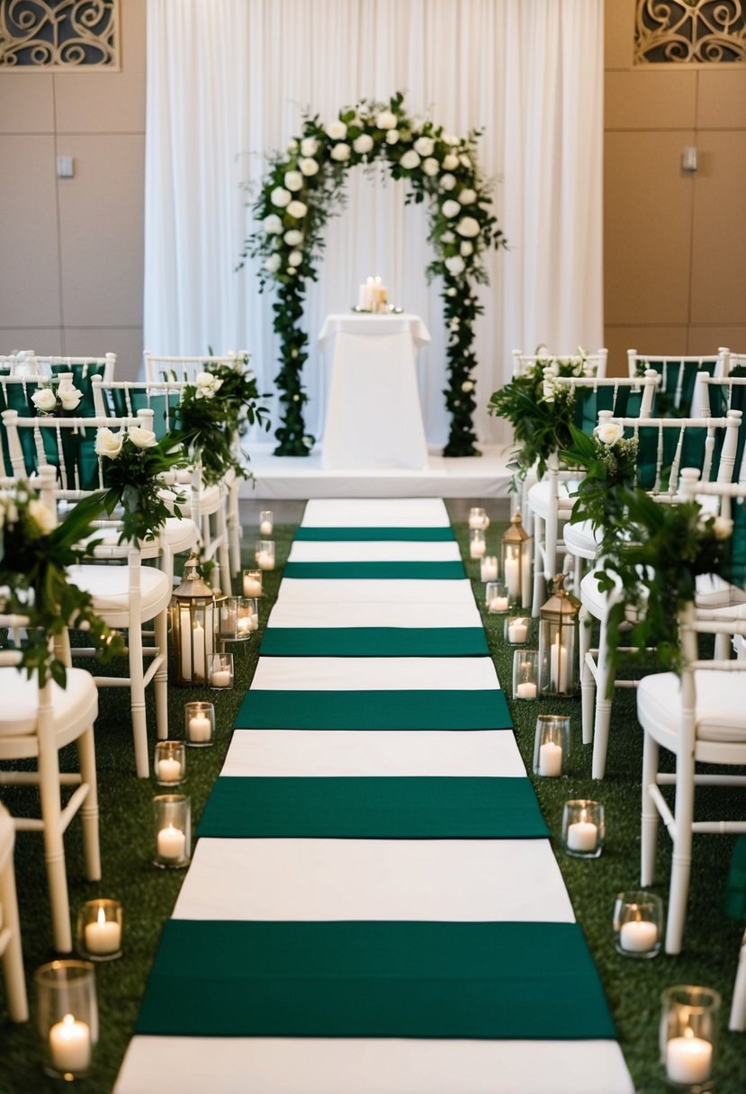 Green and white aisle runners leading to an altar adorned with dark green and white wedding decor