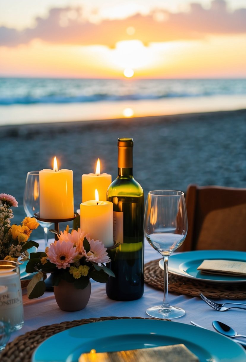 A cozy table set with candles, flowers, and a bottle of wine, overlooking a sunset on a beach