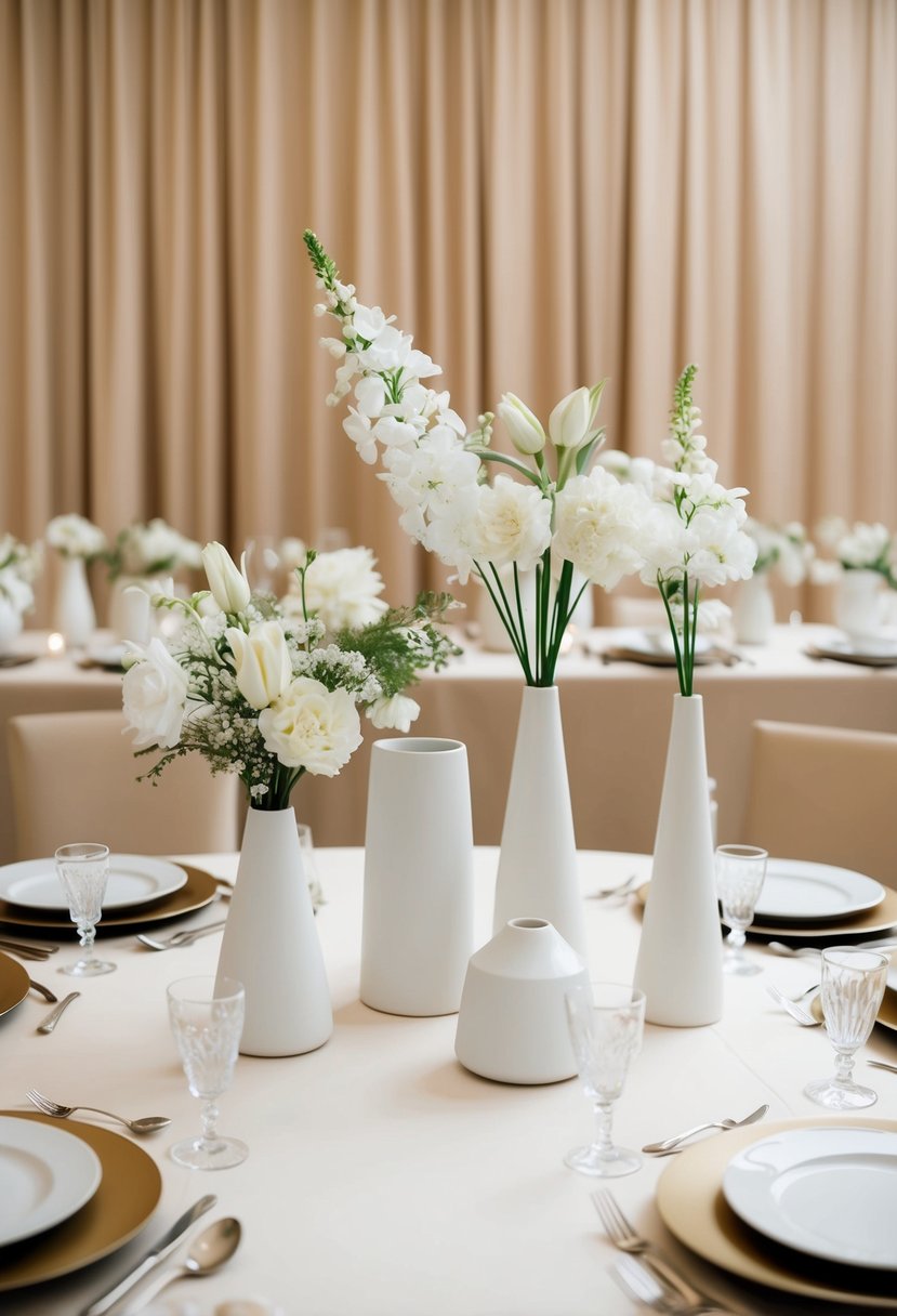 A table with simple white floral arrangements in minimalist vases, surrounded by beige decor for a wedding