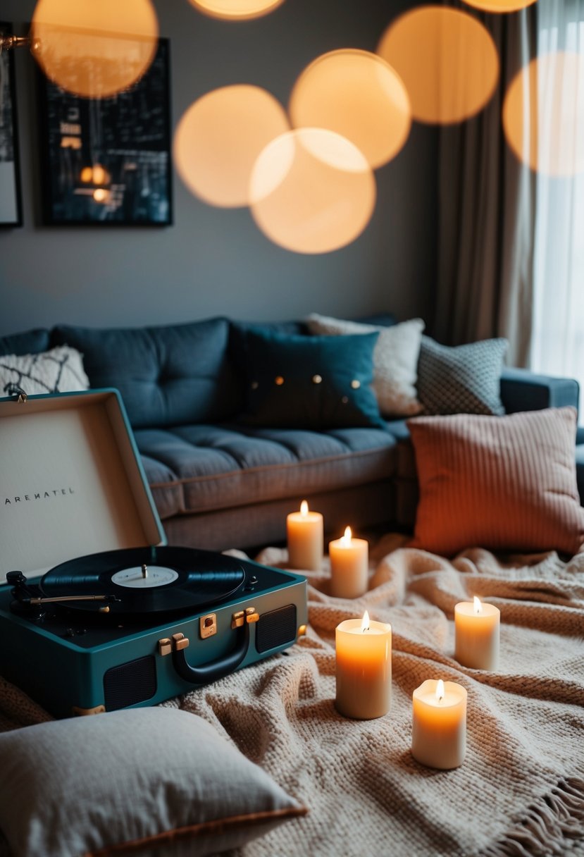 A cozy living room with a picnic blanket, scattered cushions, lit candles, and a record player playing romantic music