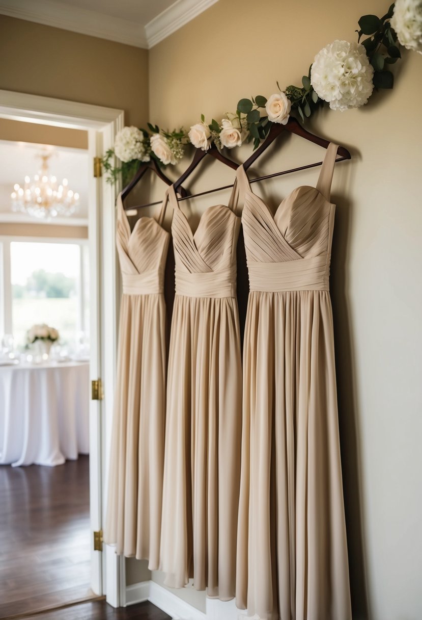 Beige bridesmaid dresses hanging next to white wedding decor