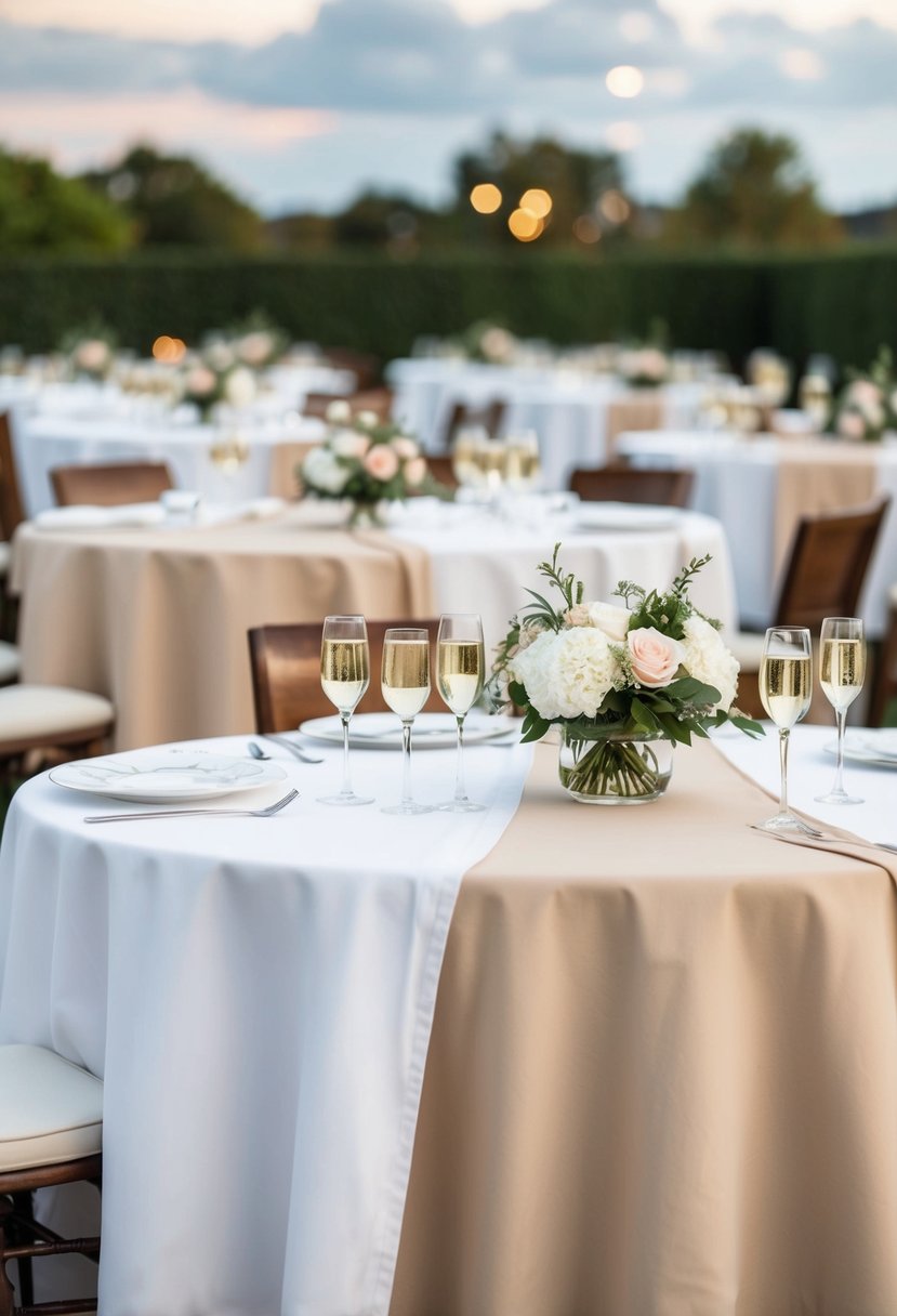 White and beige linen tablecloths draped over tables, with champagne glasses and floral centerpieces