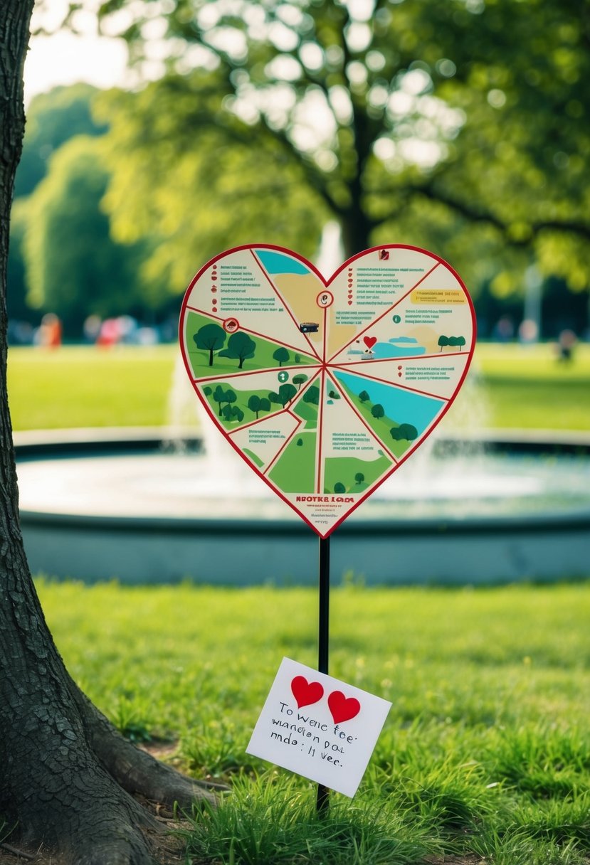 A heart-shaped map with clues leads through a park, past a fountain, and to a hidden love note under a tree