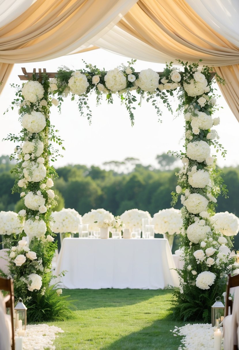 An outdoor wedding arch adorned with ivory and white flowers, set against a backdrop of beige and white decor