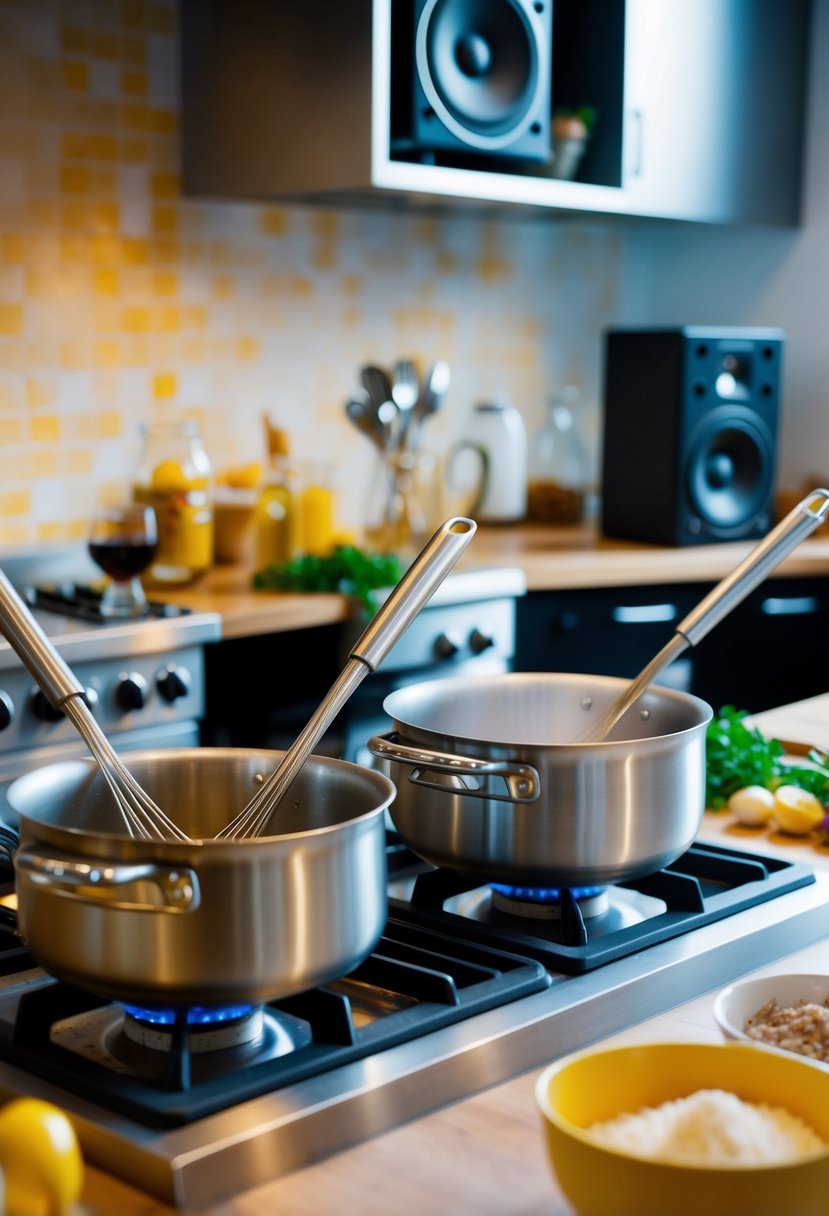 Two pairs of utensils stirring pots on a stove, surrounded by ingredients and a speaker playing music