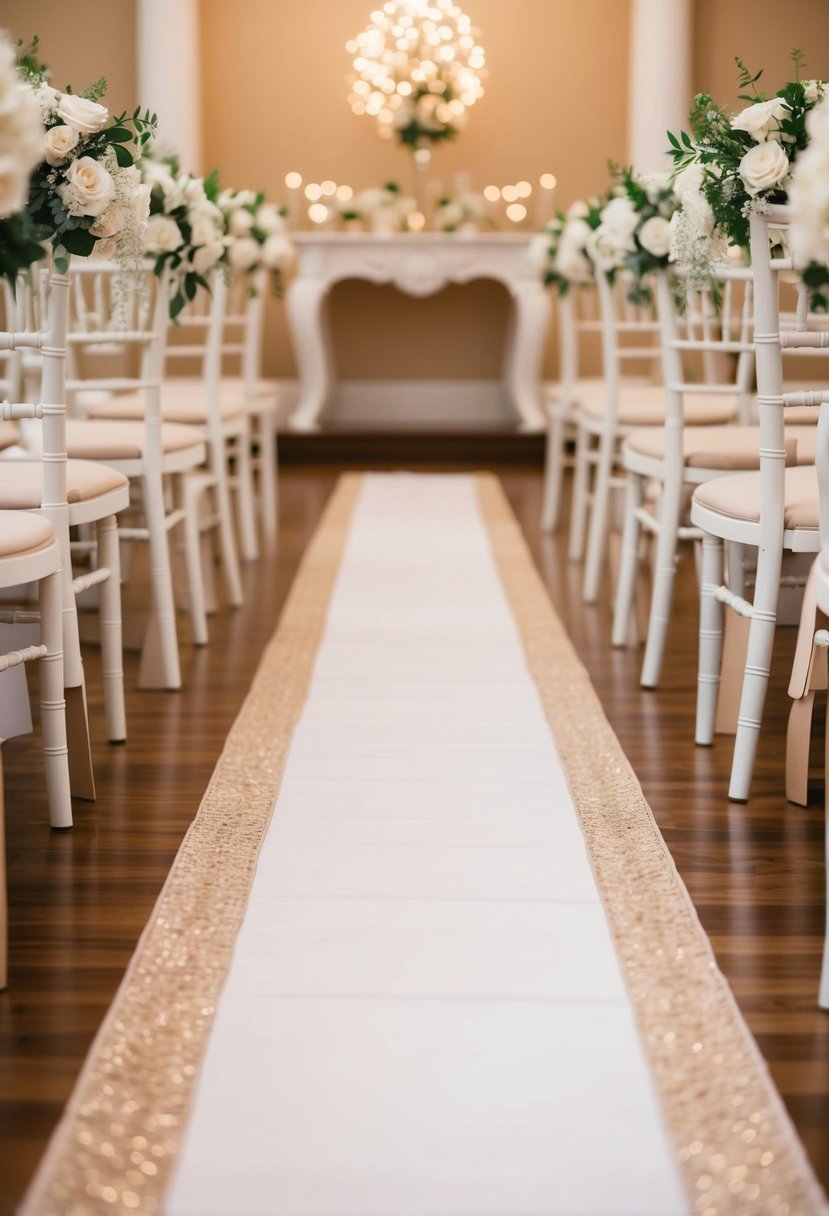 An elegant wedding aisle with white and beige runners