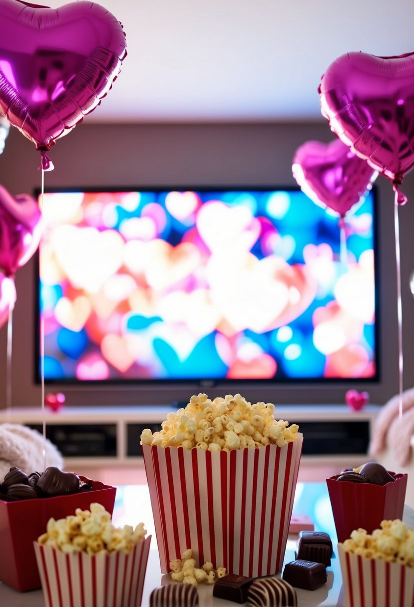 A cozy living room with a big screen, surrounded by heart-shaped balloons, popcorn, and chocolates