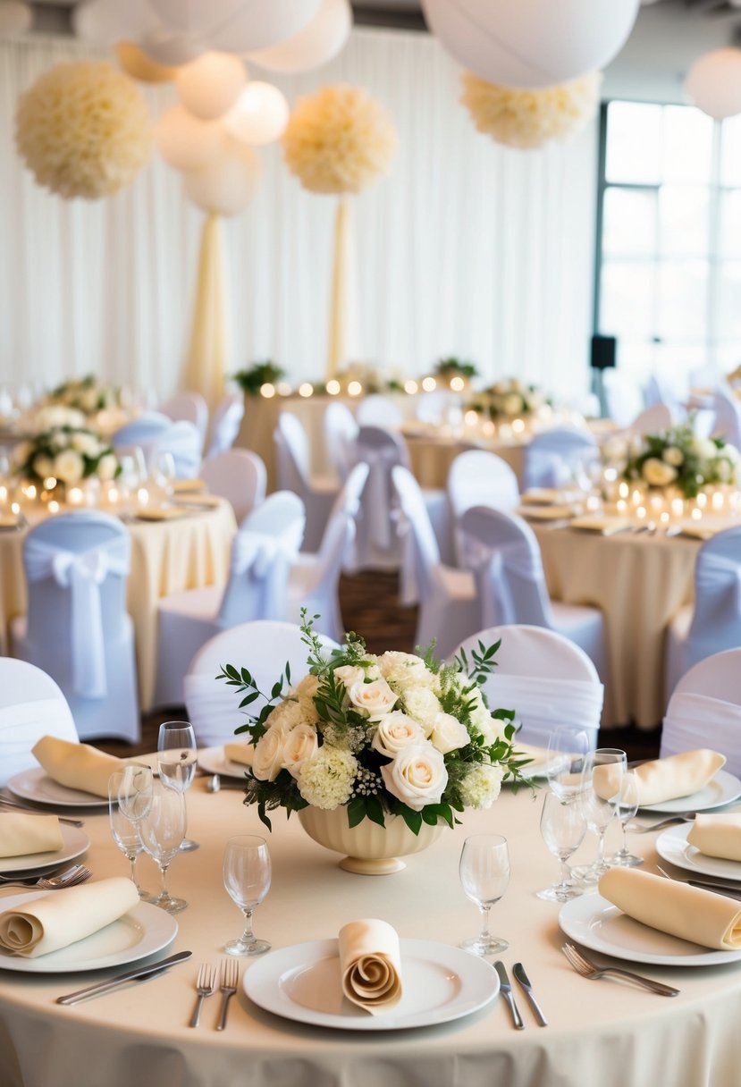 A table set with cream and beige centerpieces, surrounded by white and beige wedding decor